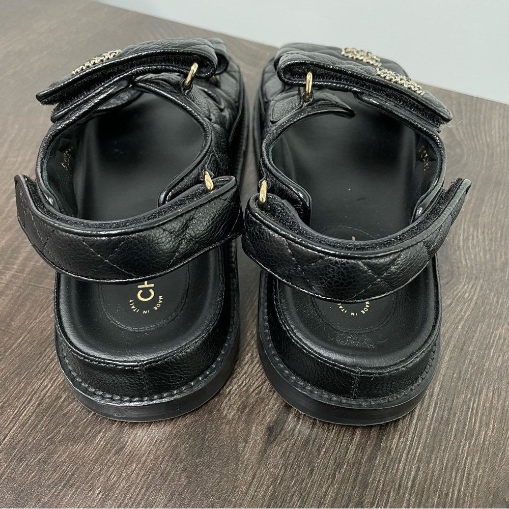 CHANEL Authentic Black Caviar Leather Dad Sandals Gold Hardware Strap Shoes - Picture 3 of 10